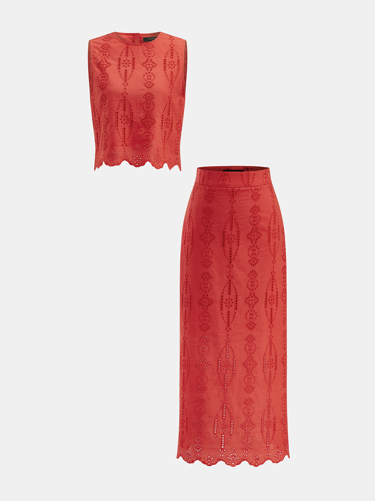 Cotton Eyelet Embroidery Top & Midi Skirt Set for Women Summer Fashion
