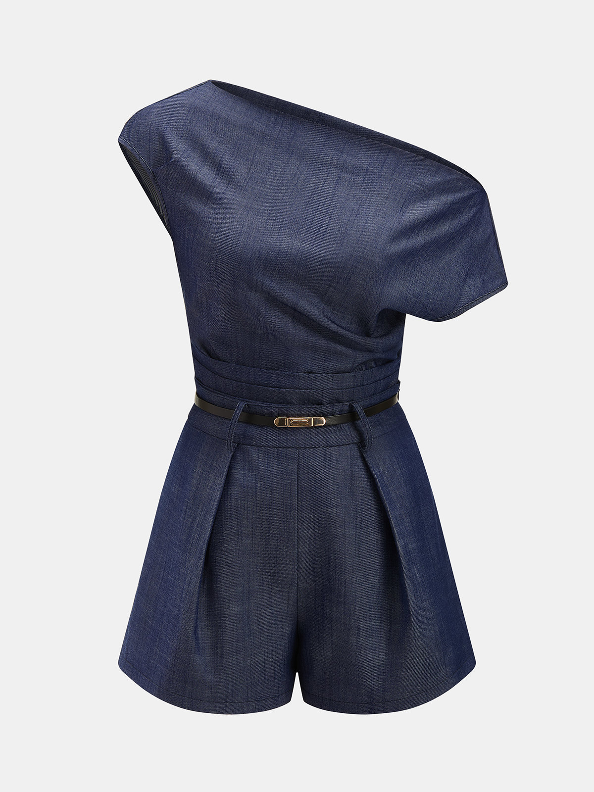 Asymmetric Off-Shoulder Denim Top & Belted Shorts Set for Women Summertime Style
