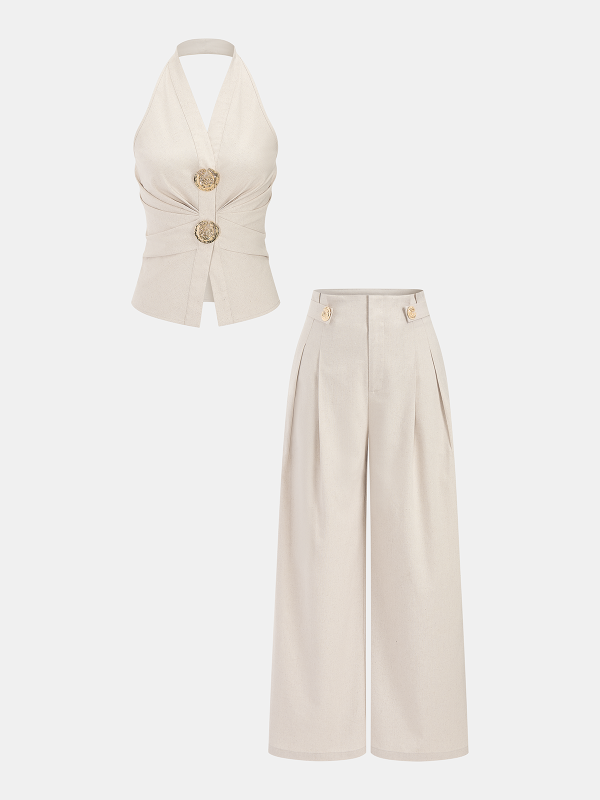 Linen Blend Halter Ruched Top & Pants Set for Women Summer Casual