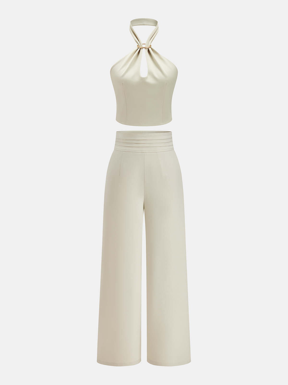 Metal Ring Halter Crop Top & High Waist Pants Outfit Set for Women