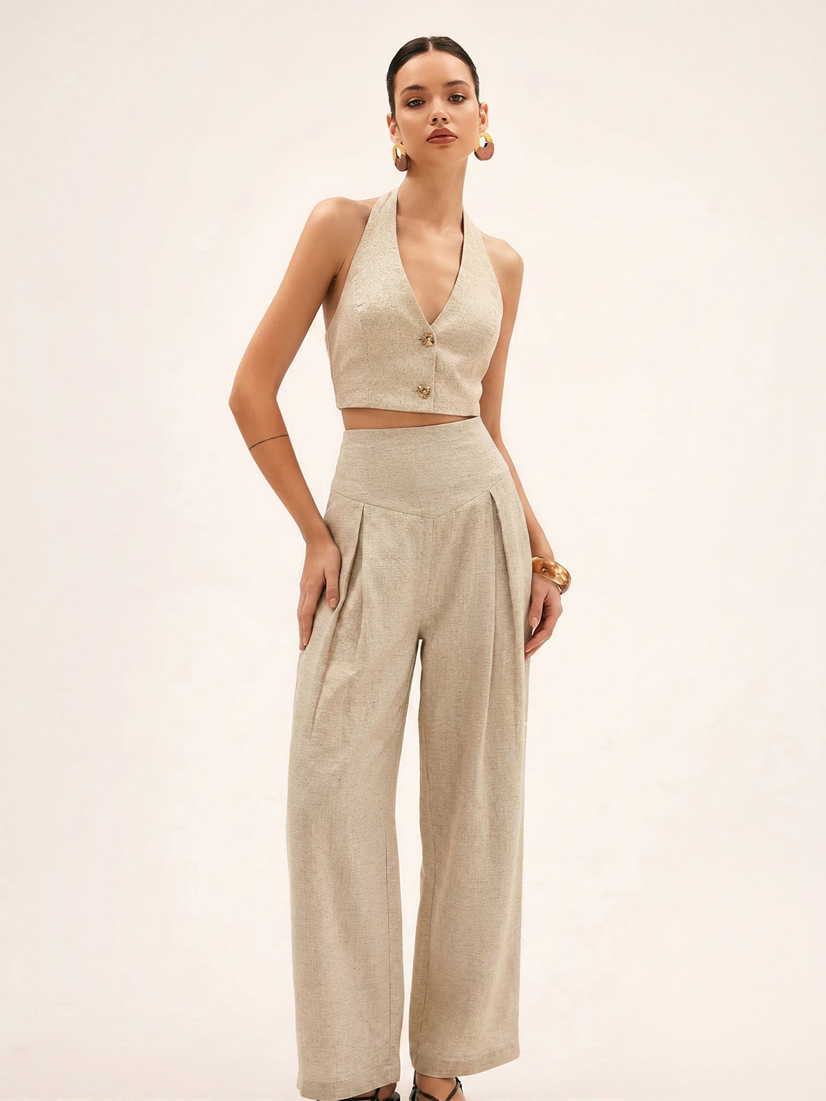 Linen Blend Halter Crop Top & Pants Set with Tie Detail