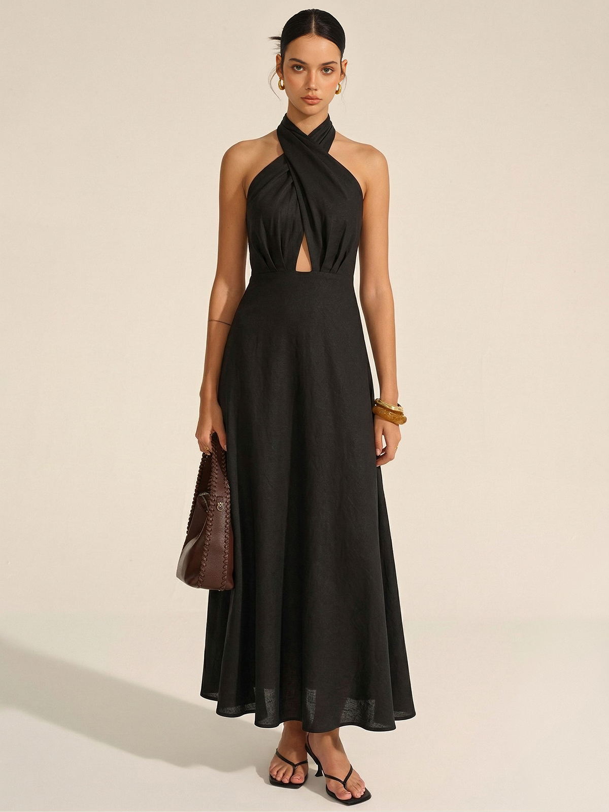 Cotton Linen Halter Neck Cut-Out Maxi Dress for Summer Beachwear