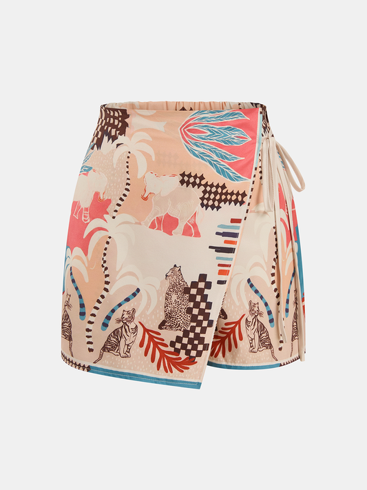 Animal Print Tie-Waist Wrap Skort with Comfort Fit Design