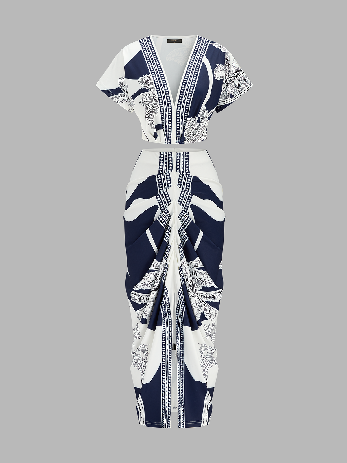 Printed V-Neck Top & Ruched Midi Skirt Set for Women's Fashion