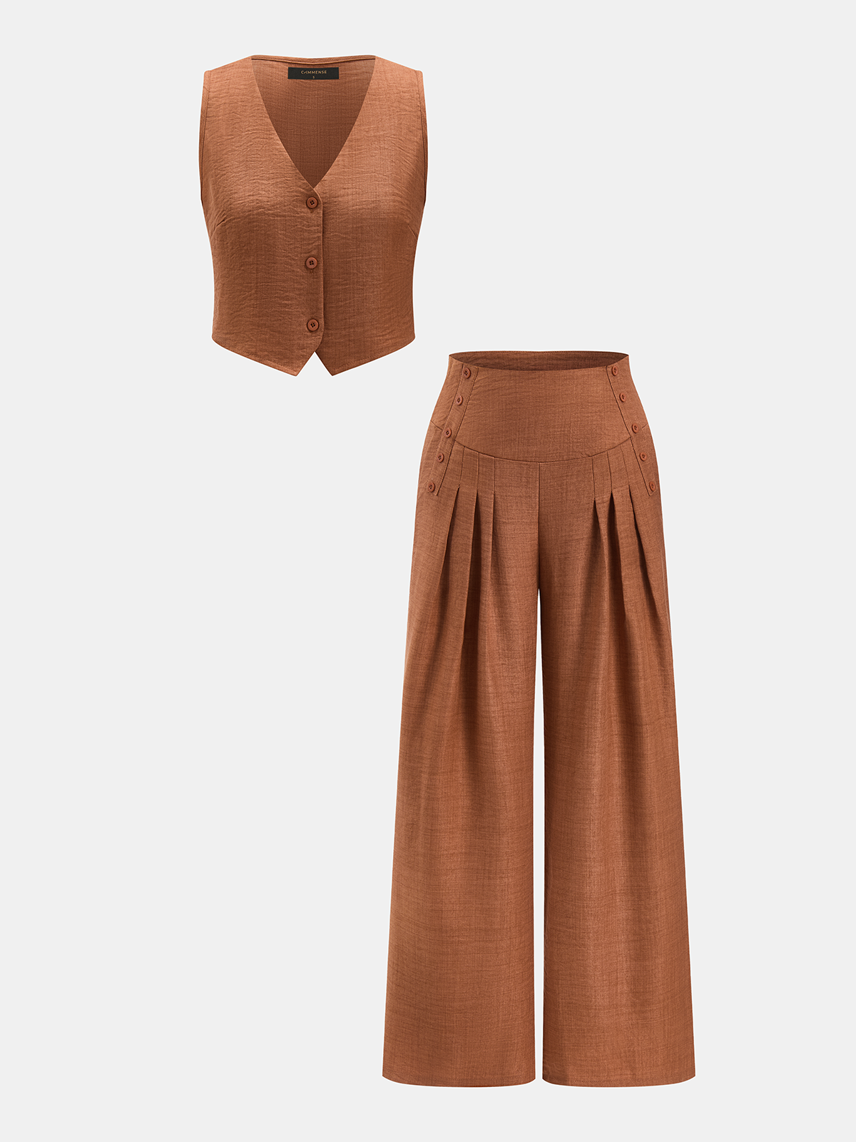 Buttoned Vest & Pleated Wide Leg Pants Set for Women, Stylish Office Wear
