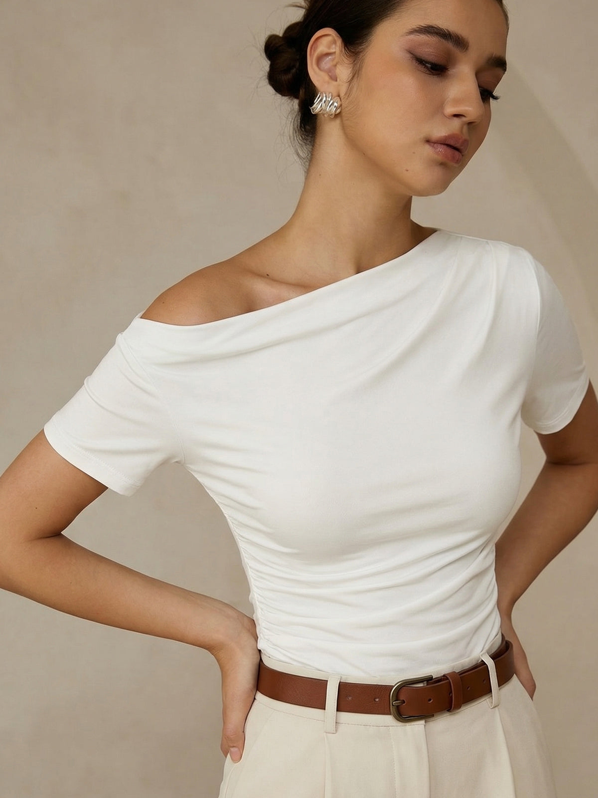 Ruched Off Shoulder Slim Short Sleeve Top for Women Casual Wear