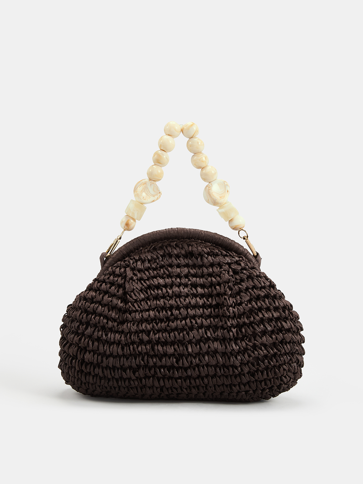 Enhanced Design Marble Bead Chain Straw Woven Handbag for Summer Beach