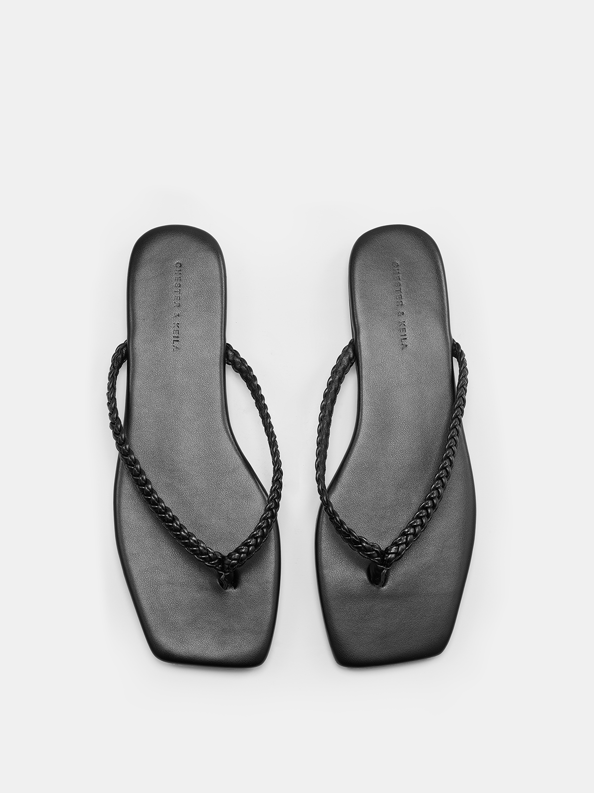 Cow Leather Square Toe Braided Thong Flip-Flops with Durable Outsole