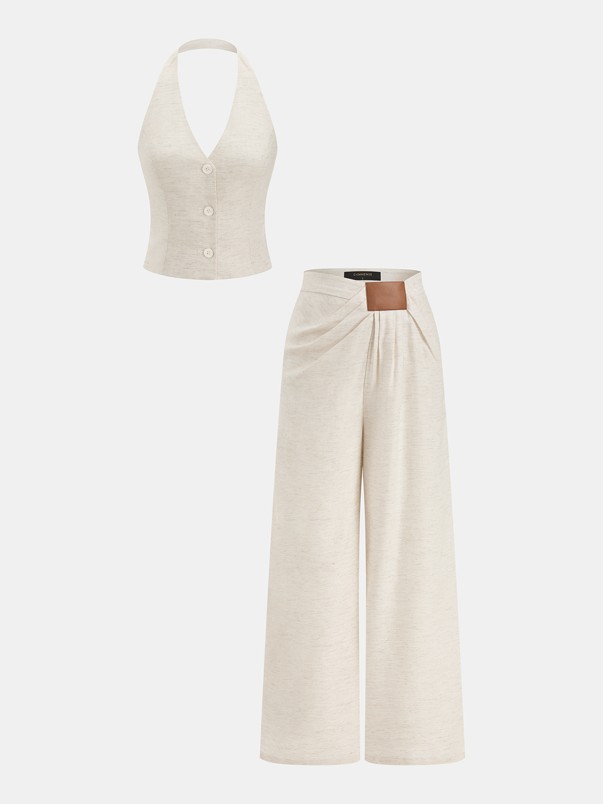 Linen Blend Halter Buttoned Top & Pants Set for Women Spring Summer Trend