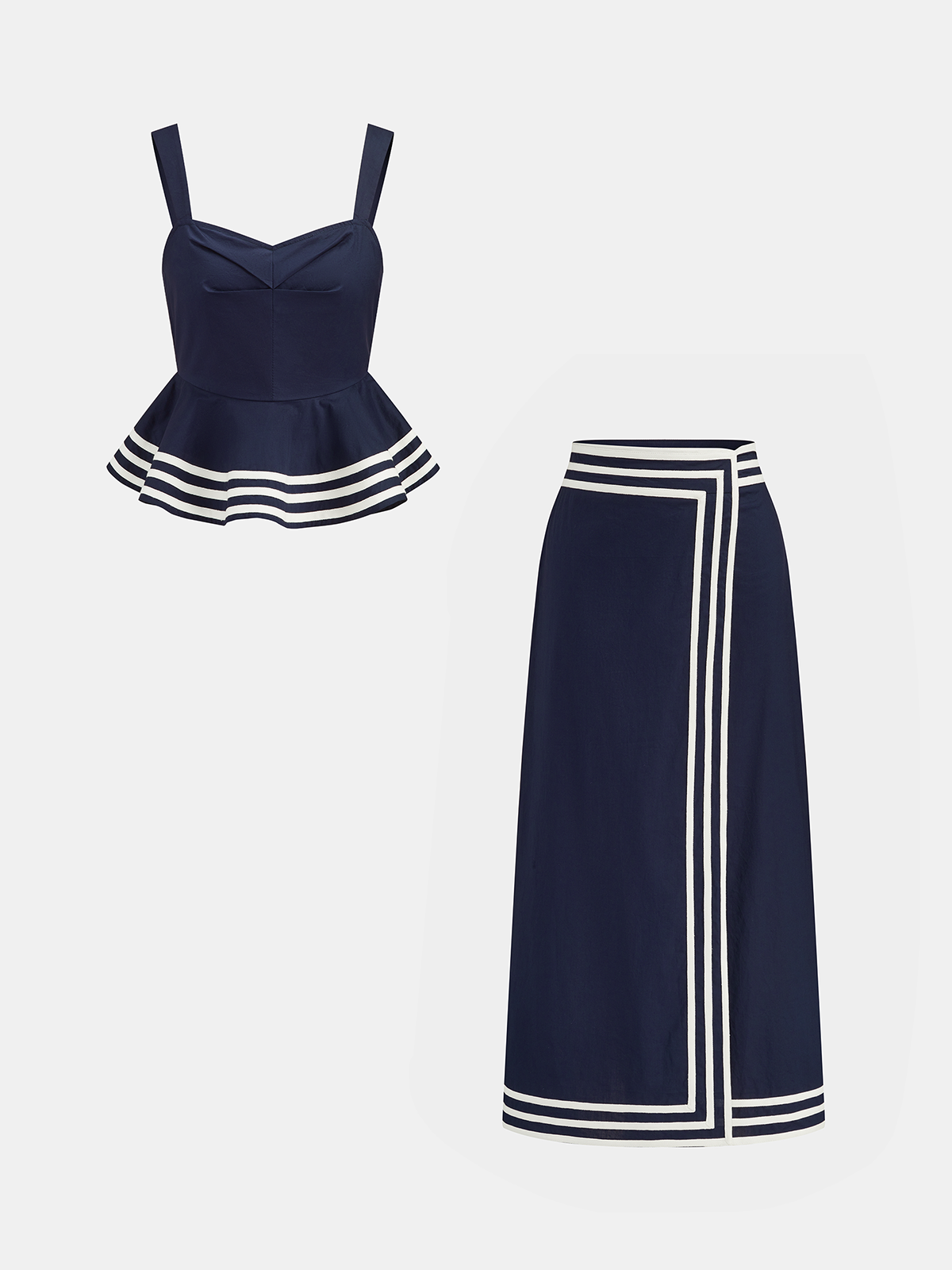 Cotton Peplum Top & Striped Midi Skirt Set for Women Summer Casual