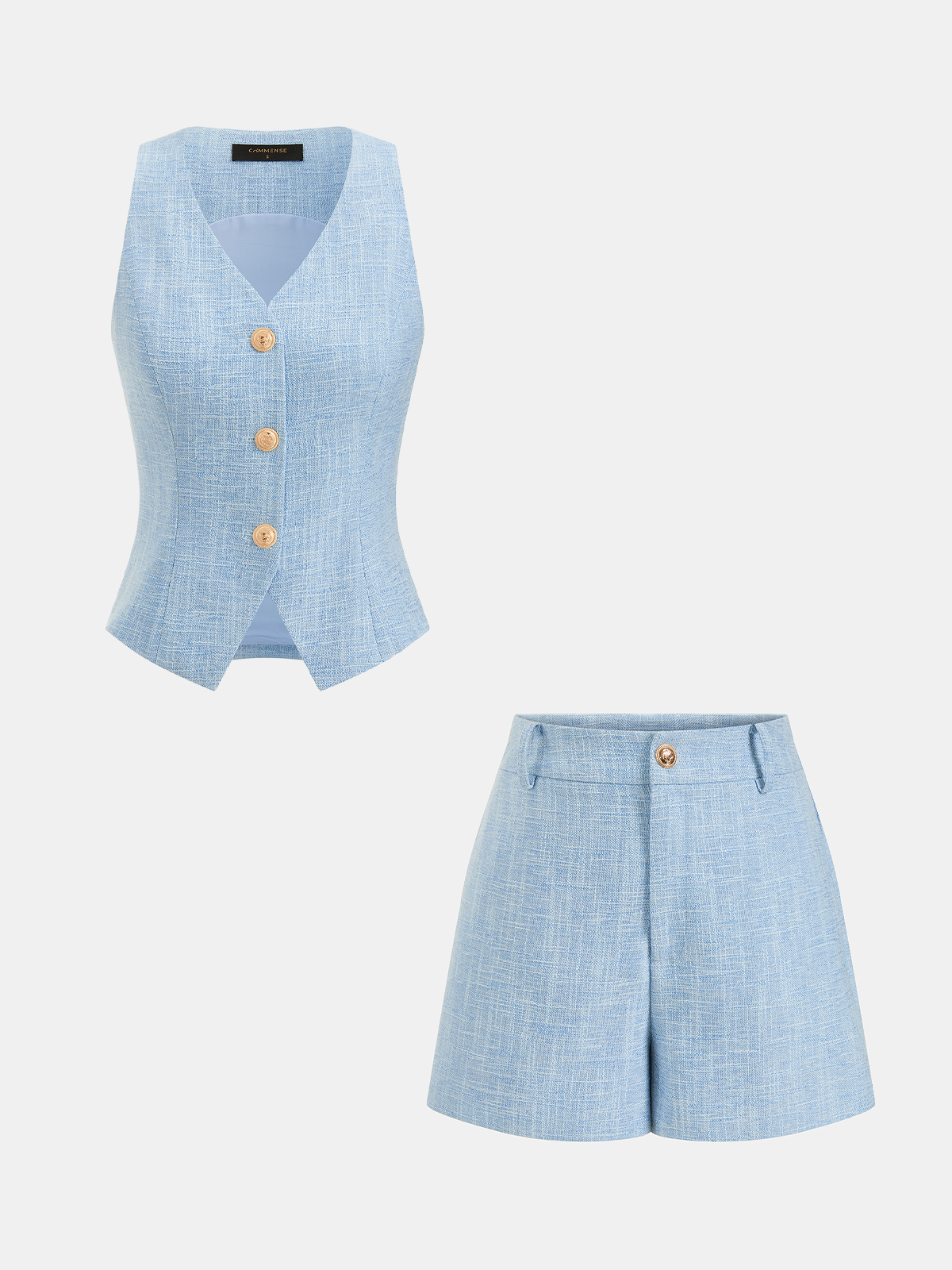 Textured Metal Button Vest & Women's Tailored Shorts Set, Elegant Fashionable Casual Summer Outfit