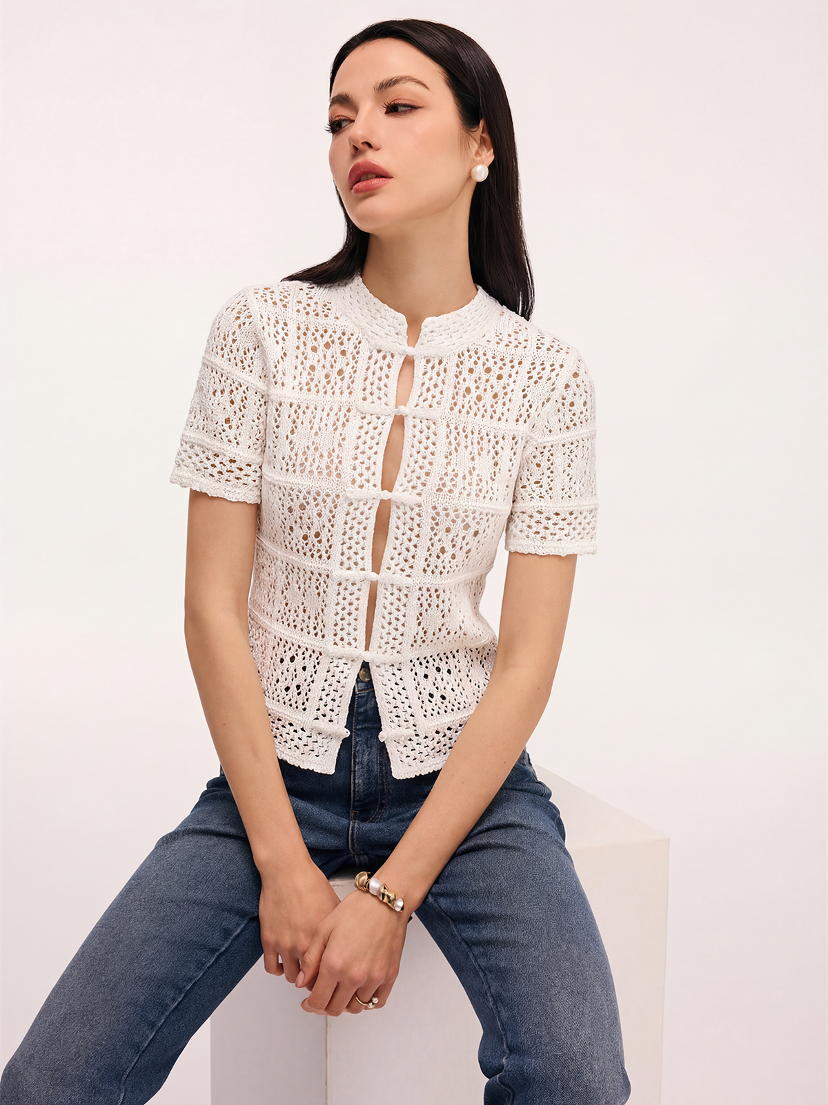Frog Button Crochet Knit Short Sleeve Top for Women Casual Summer Wear