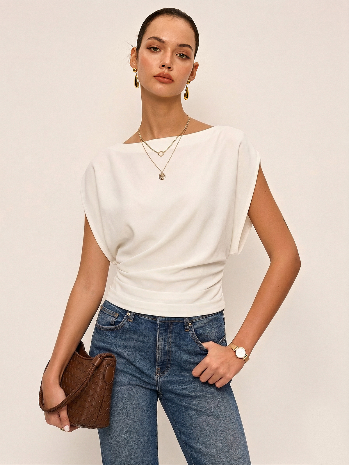 Ruched Cinched Waist Boat Neck Blouse for Women, Elegant Long Sleeve Top