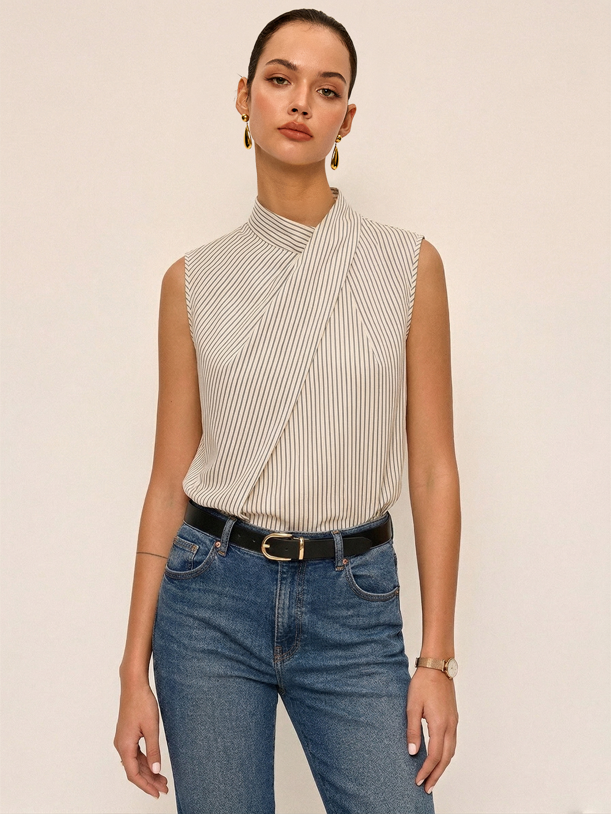 Sleeveless Striped High Neck Blouse for Women Trendy Casual Style
