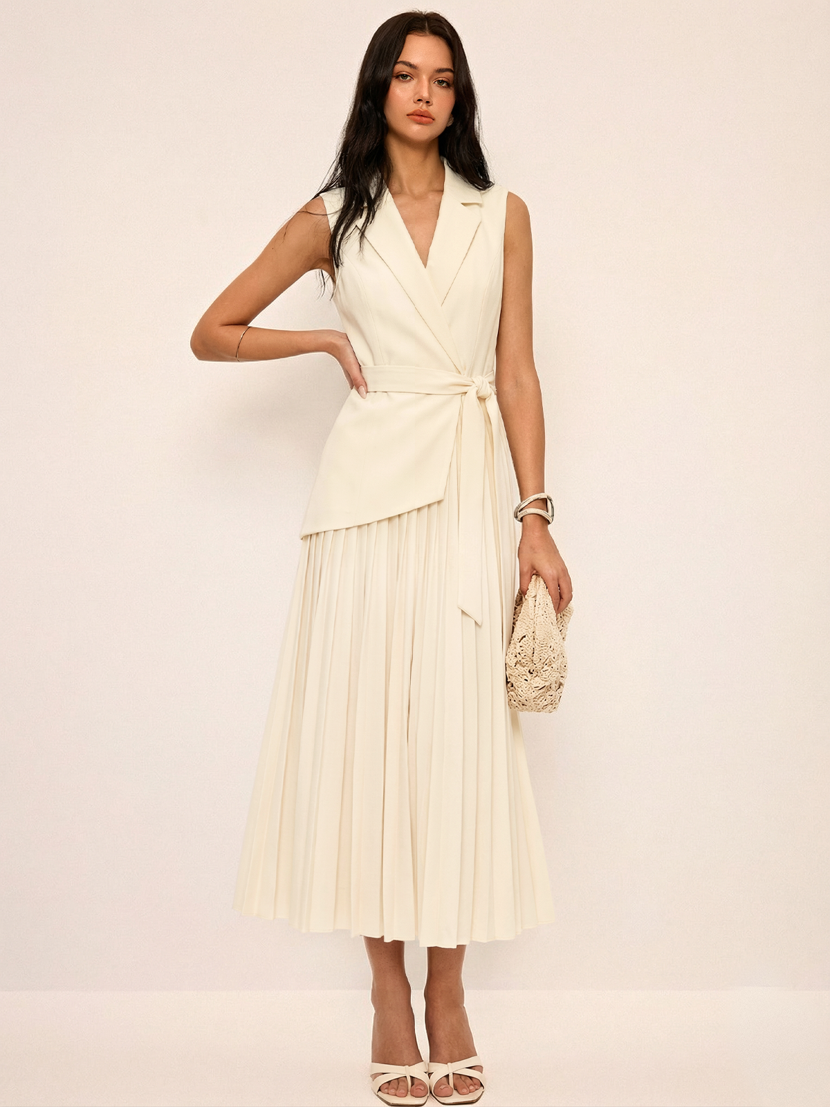 Sleeveless Belted Pleated Blazer Dress for Women, Elegant Workwear