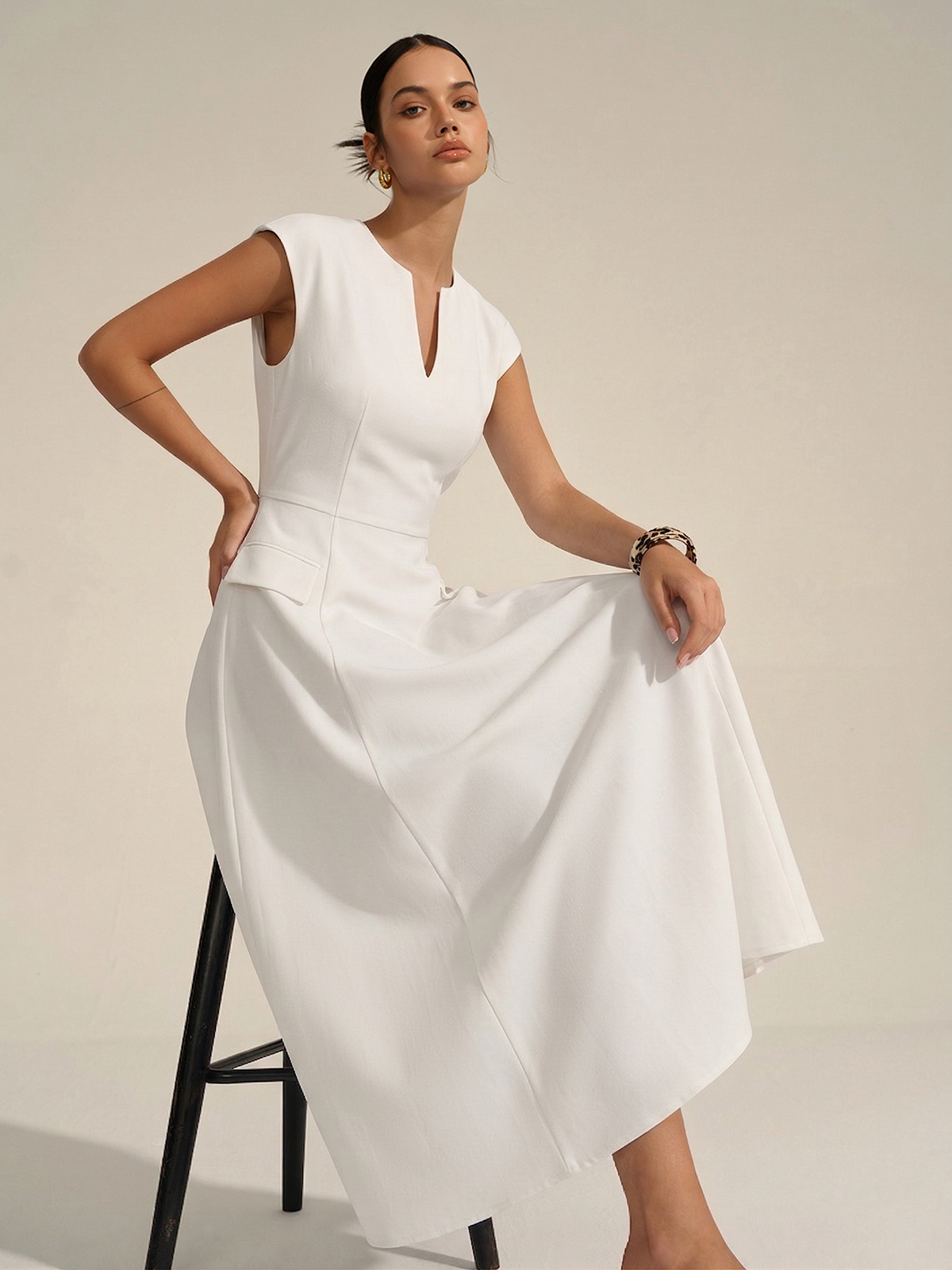 V Neck Cap Sleeve Midi Dress with Side Slit Detail