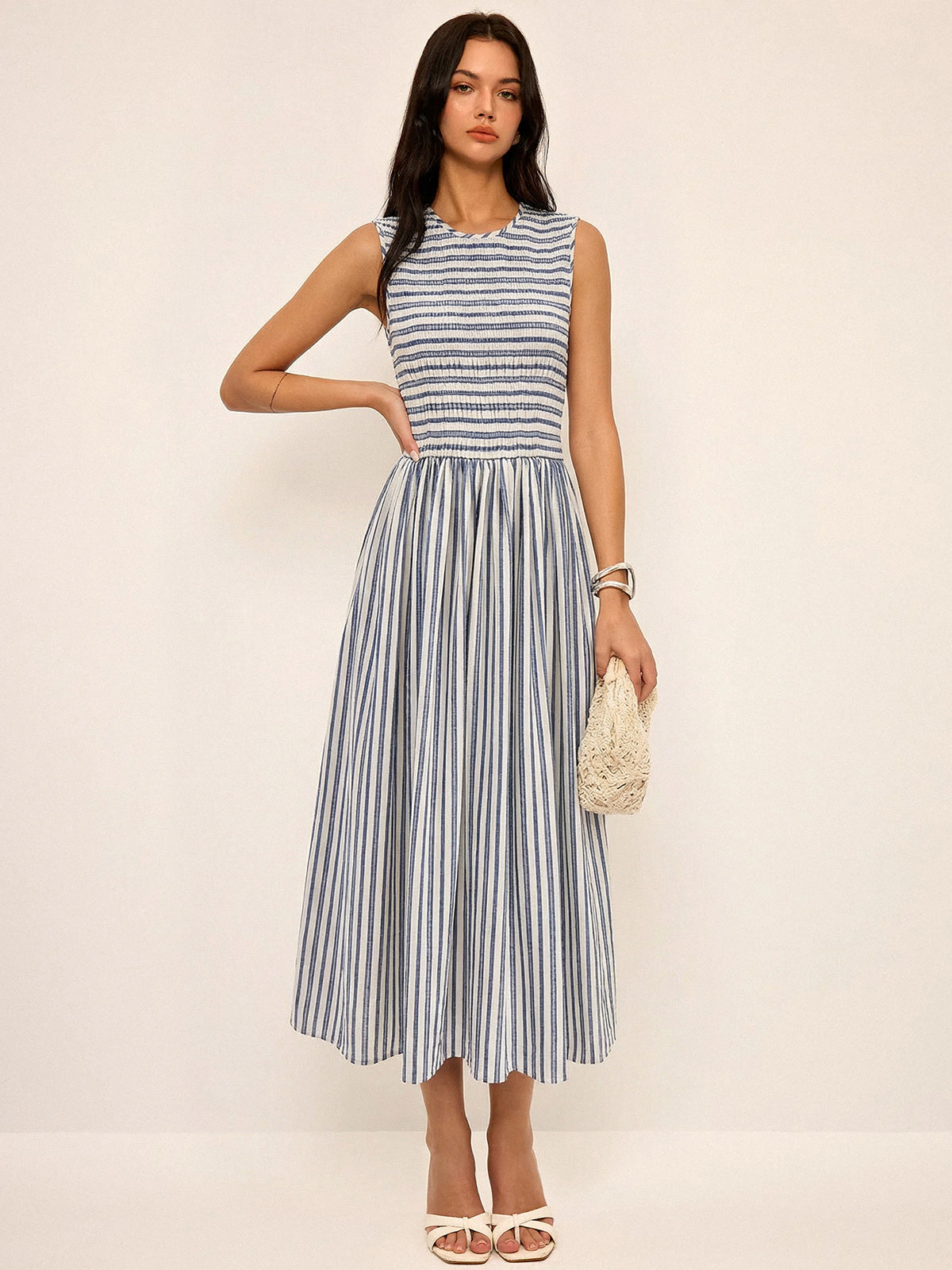 Striped Cotton Sleeveless Smocked Maxi Dress for Summer Casual Wear