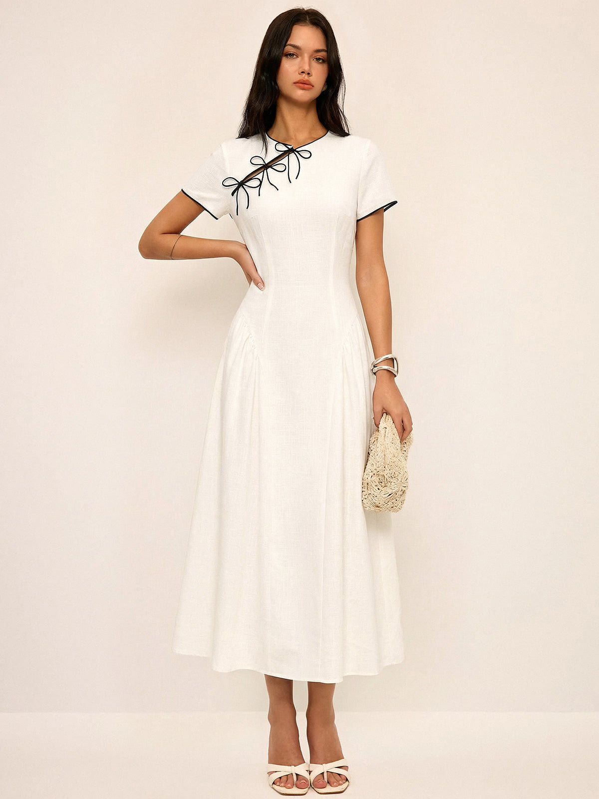 Bow Detail Cotton Cheongsam Midi Dress with Elegant Embroidery Detail