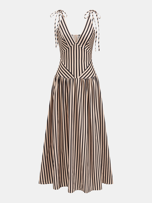 Striped Tie Shoulder V Neck Maxi Dress with Belted Waist