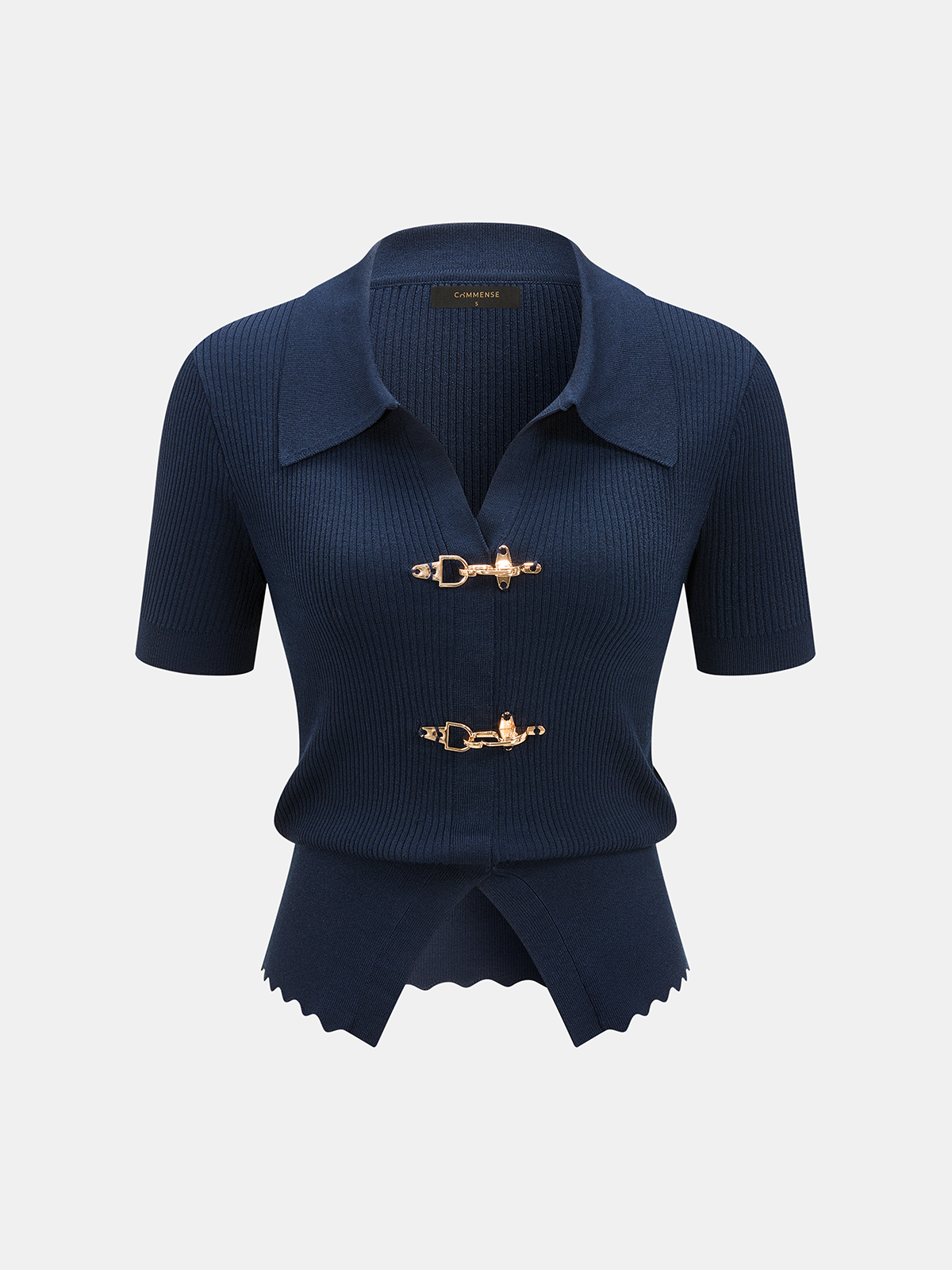 Short Sleeve Collared Buckle Rib Knit Top for Women, Casual Style
