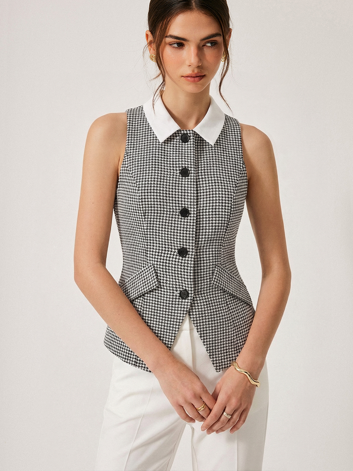 Houndstooth Collared Button Down Vest Classic Wool Blend