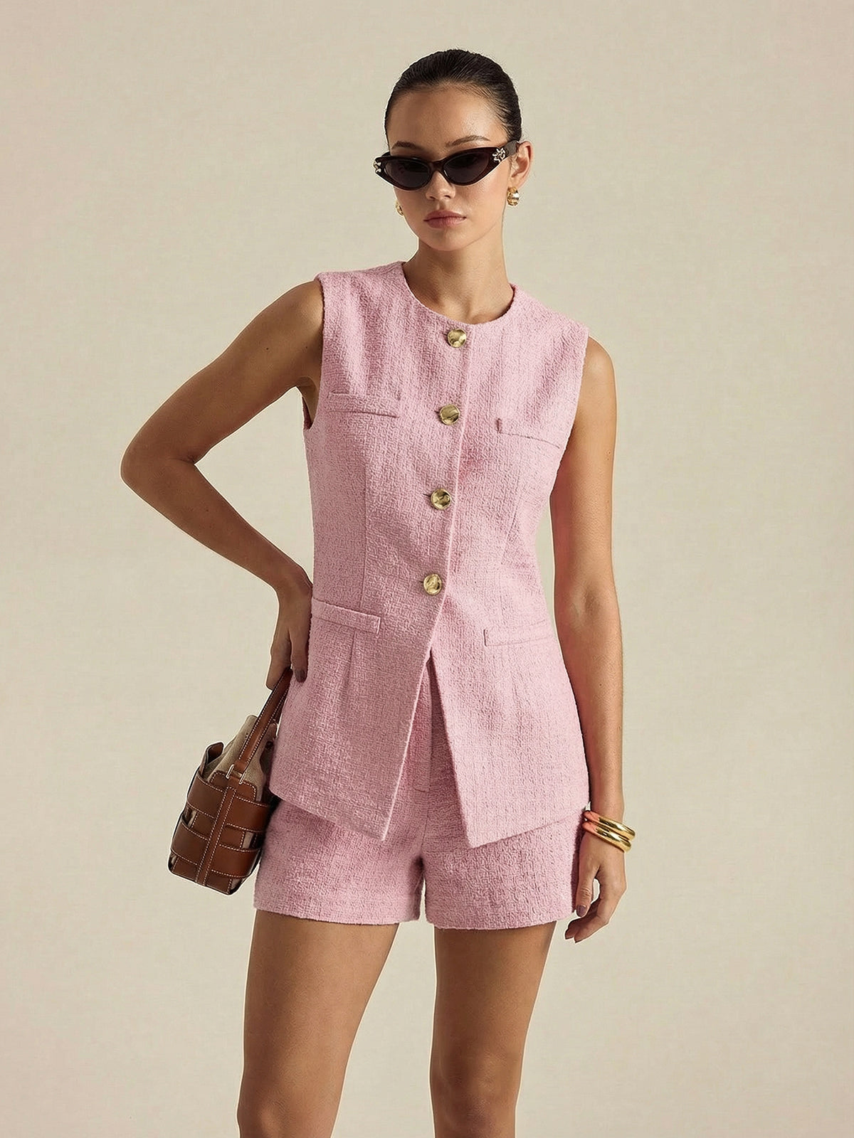 Metal Button Tweed Vest & Shorts Set with Elegant Chic Design