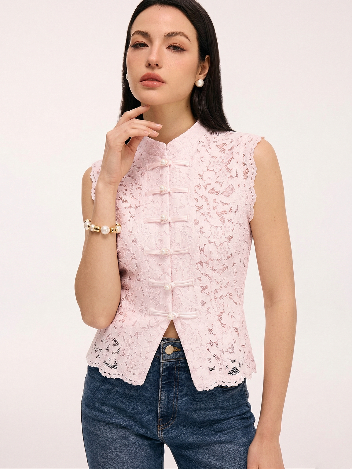 Lace Mandarin Collar Sleeveless Top Women's Elegant Pearl Button Blouse
