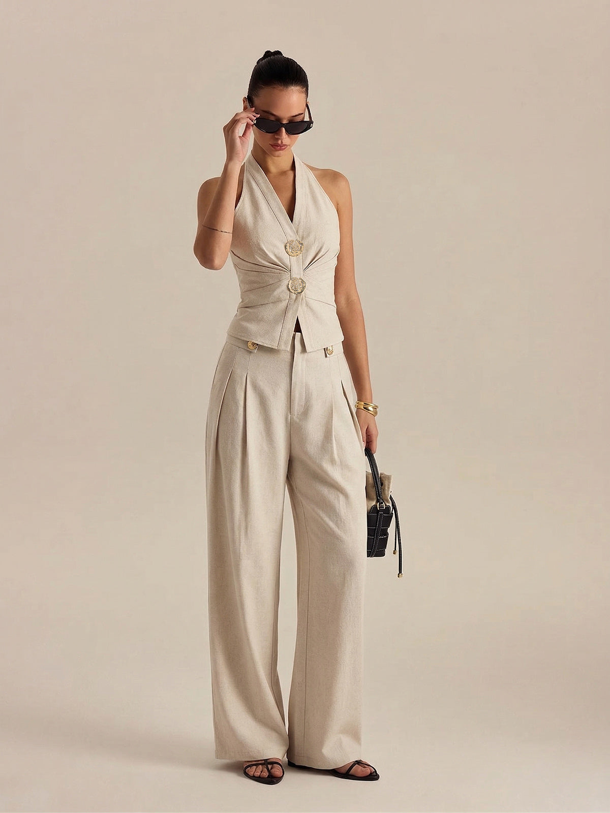 Linen Blend Halter Ruched Top & Pants Set for Women Summer Casual