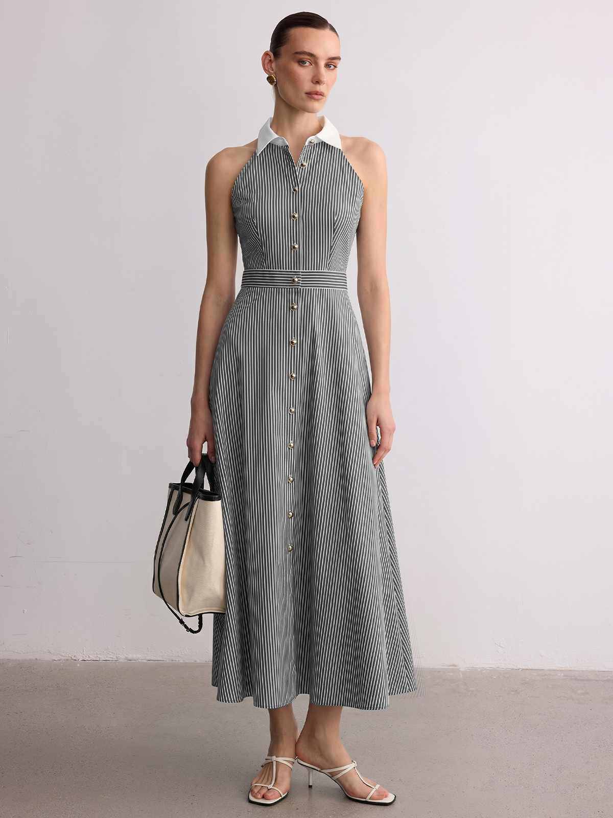 Collared Striped Sleeveless Buttoned Maxi Dress for Women Summer Casual