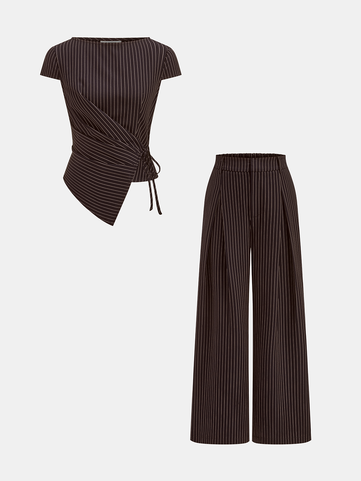 Pinstripe Wrap Tie Top & Wide-Leg Pants Set for Women in Classic Style
