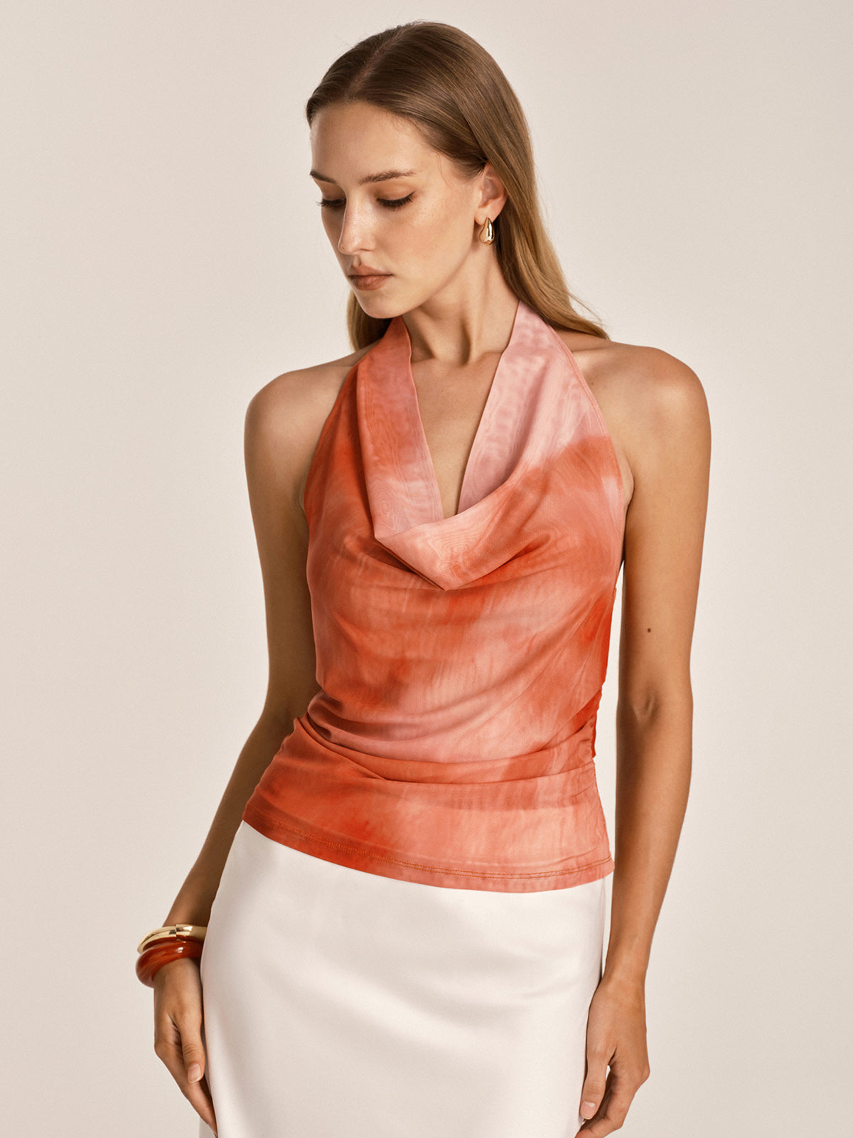 Tie Dye Cowl Neck Halter Mesh Top for Women Summer Casual