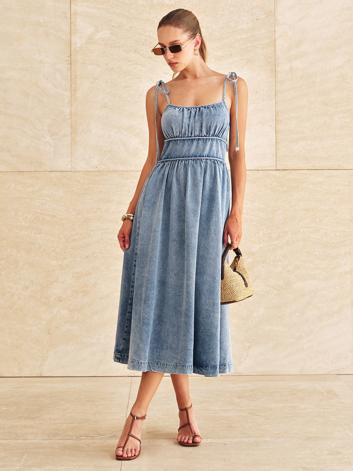 Denim Tie-Strap Tiered Midi Dress for Women Summer Casual