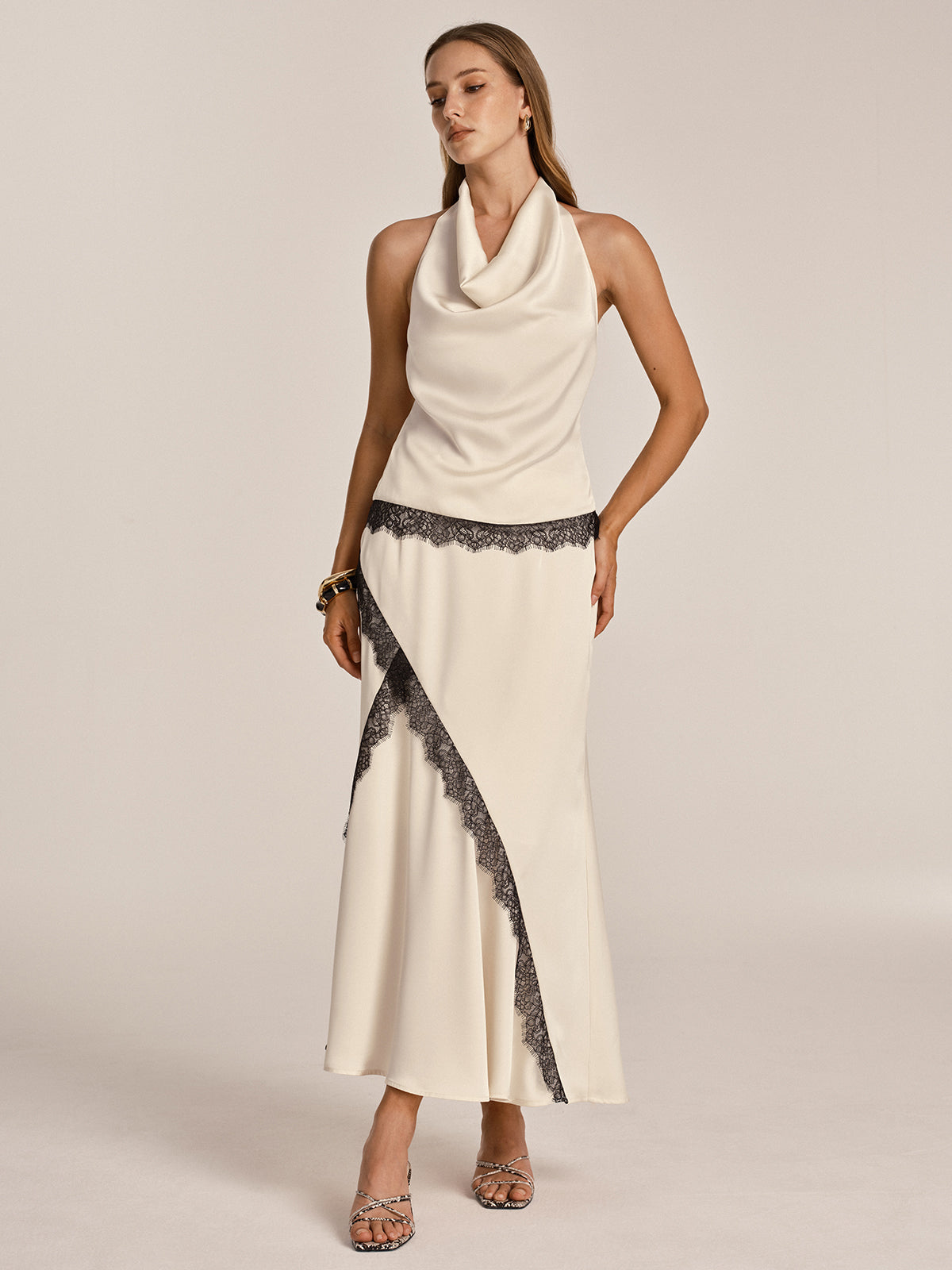 Lace Trim Satin Cowl Neck Top & Mermaid Skirt Set for Elegant Evenings