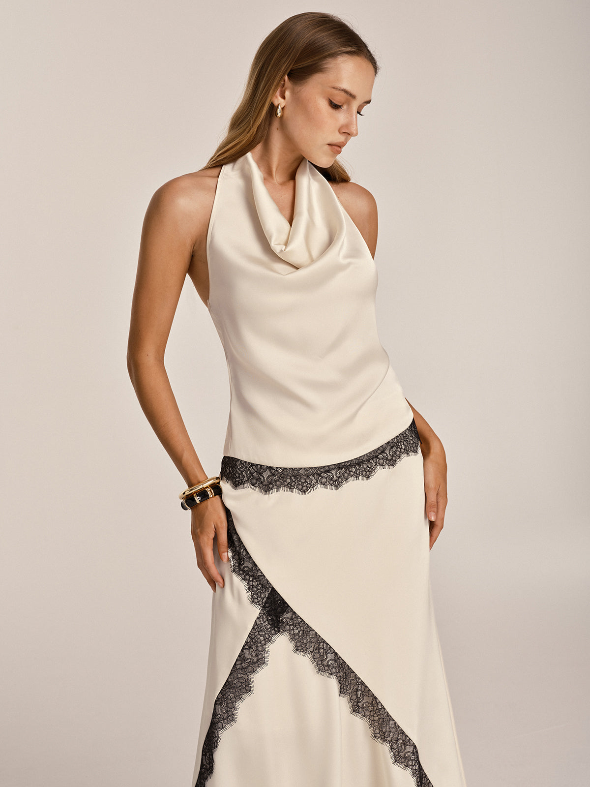 Lace Trim Satin Cowl Neck Top & Mermaid Skirt Set for Elegant Evenings