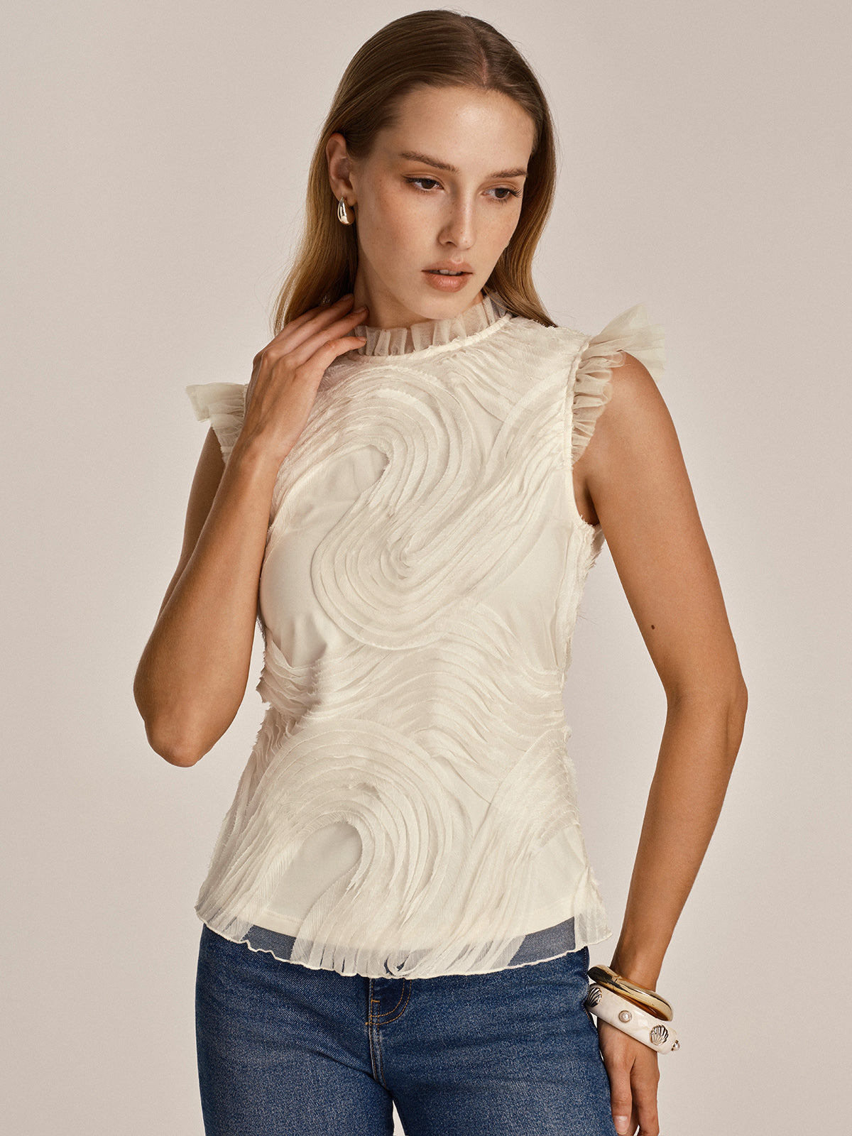 Textured Ruffled Mesh Tank Top for Women Summer Casual