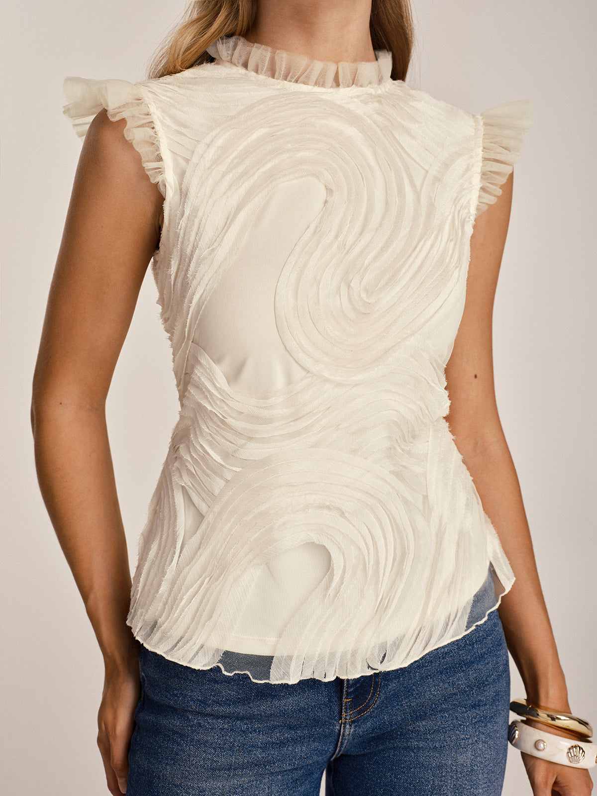 Textured Ruffled Mesh Tank Top for Women Summer Casual