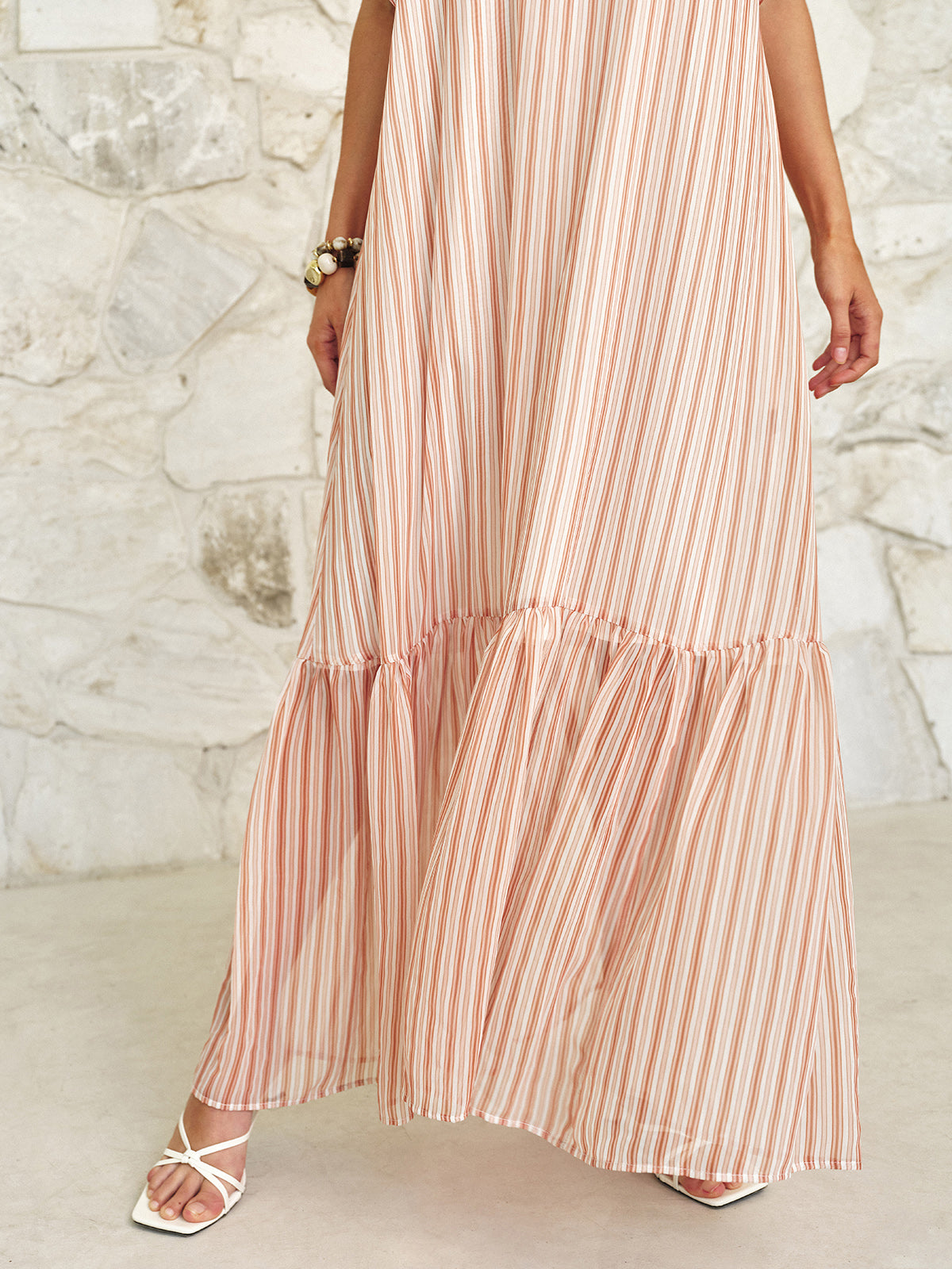Striped Ruffled Cami Maxi Dress with Adjustable Straps and Flowy Fit