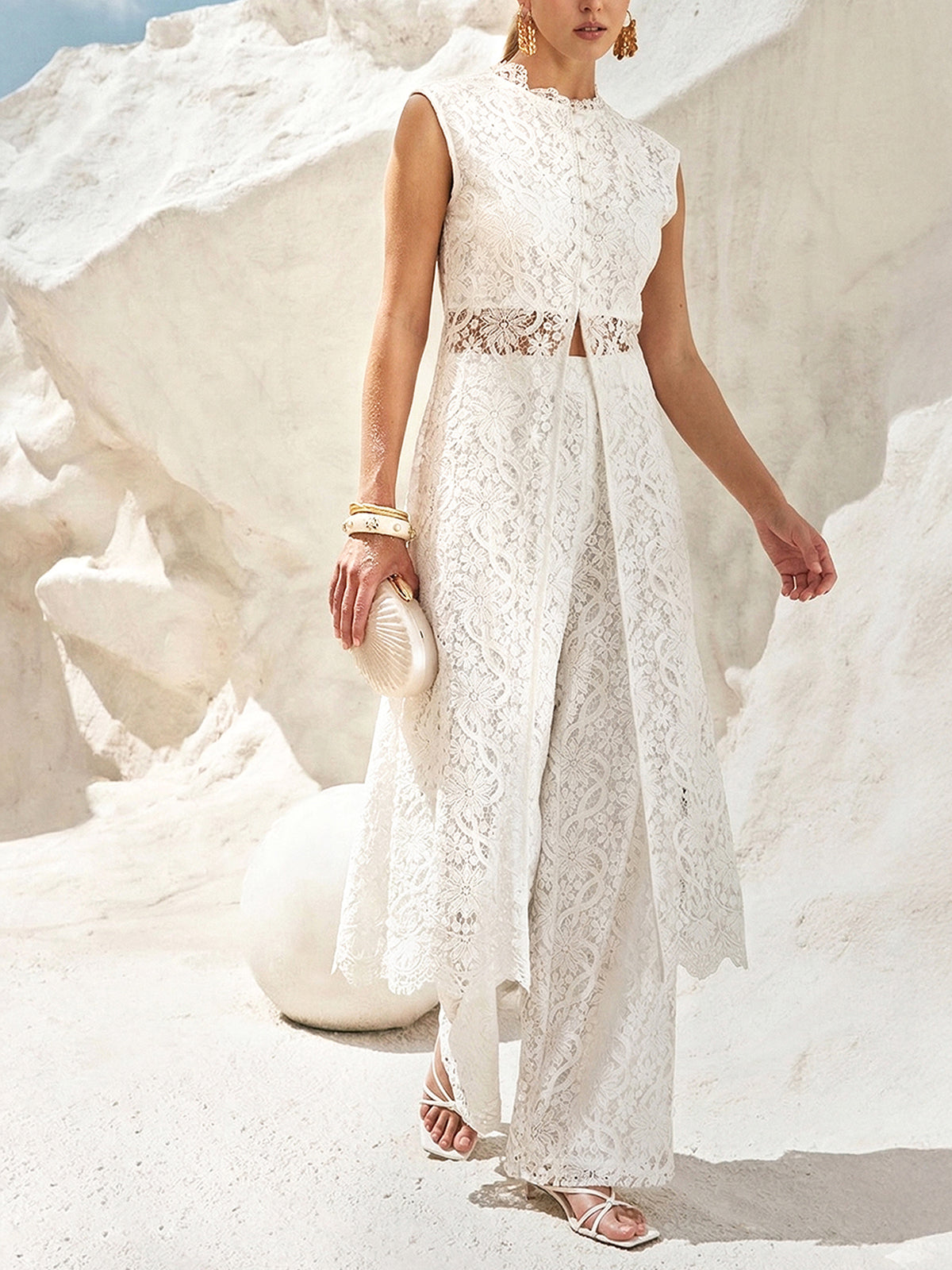 Lace Mid-Waist Wide-Leg Pants for Elegant Evening Wear