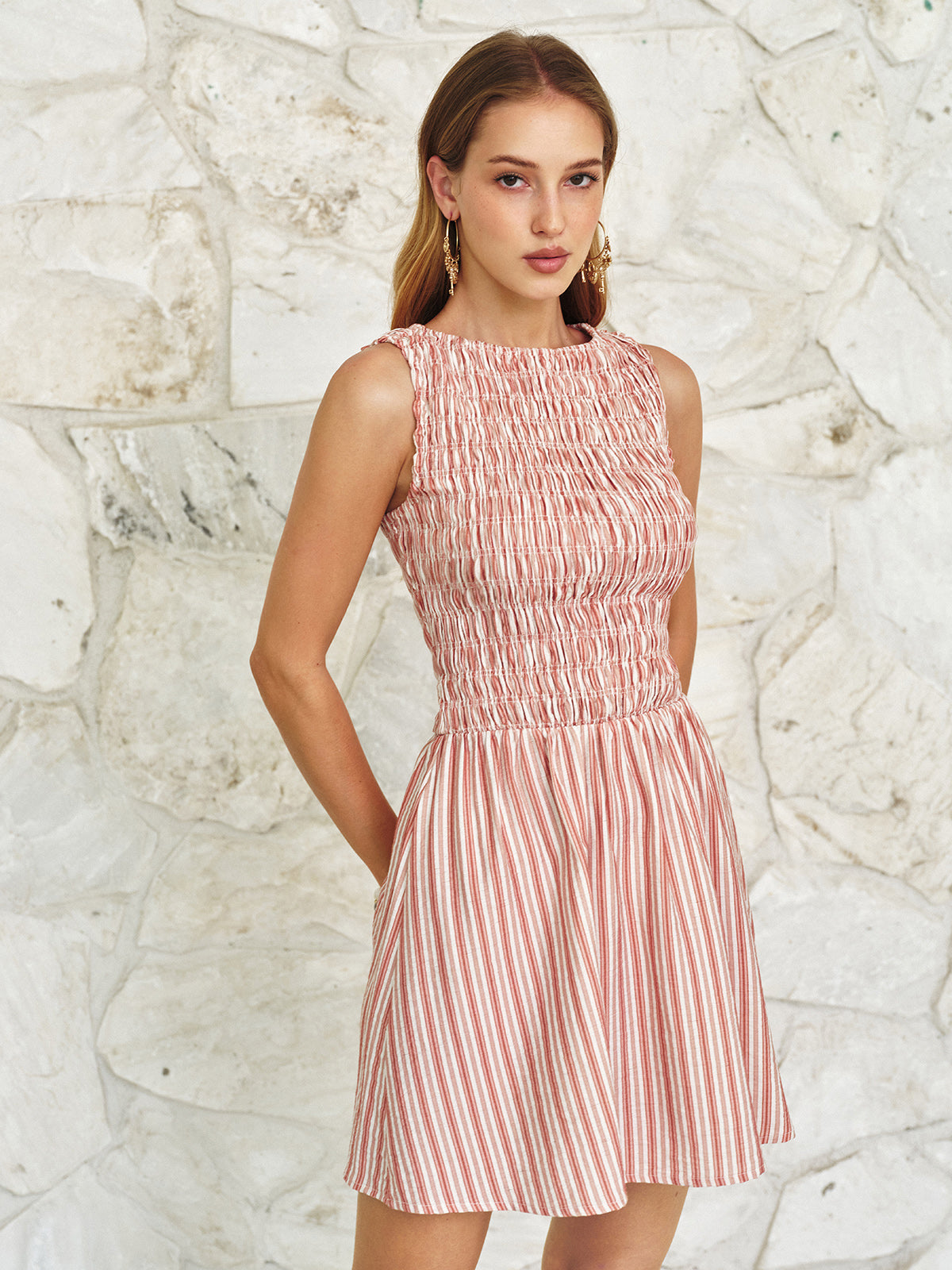 Smocked Striped Linen Blend Sleeveless Mini Dress for Women Casual Summer Wear