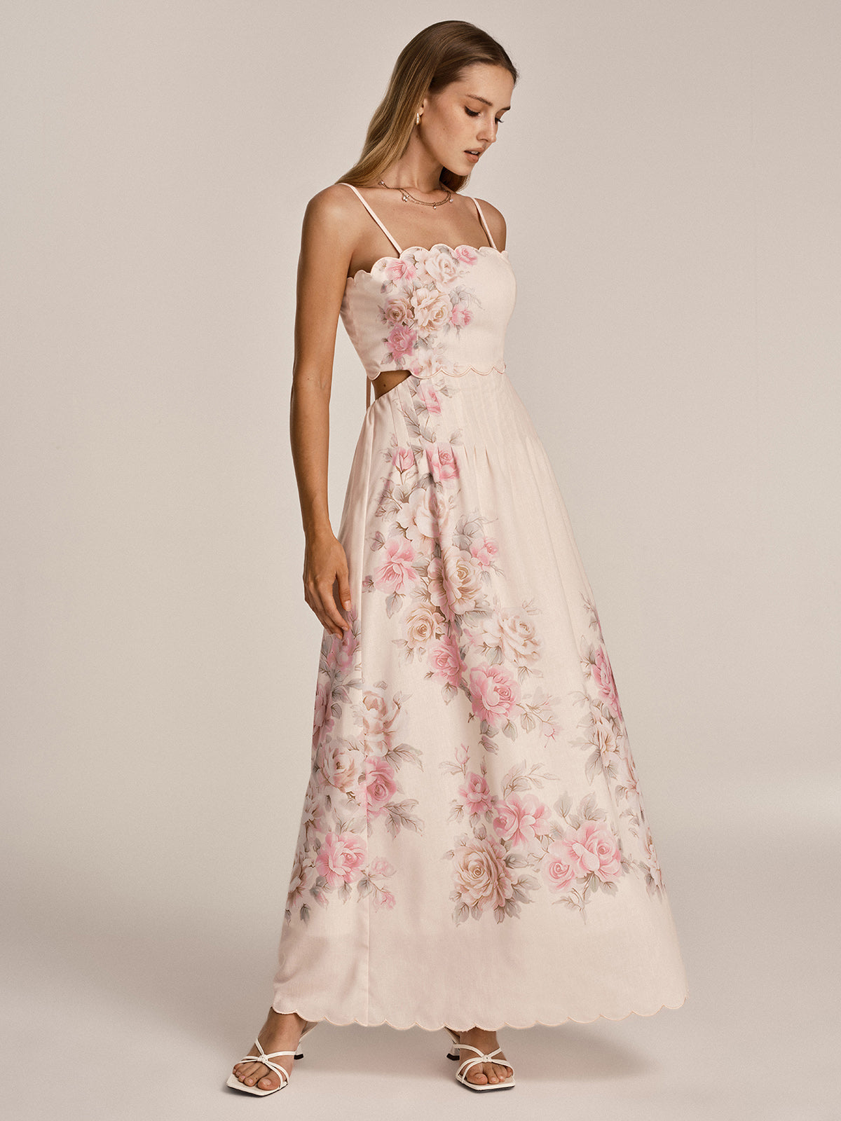 Floral Print Cut-Out Cami Maxi Dress with Adjustable Straps