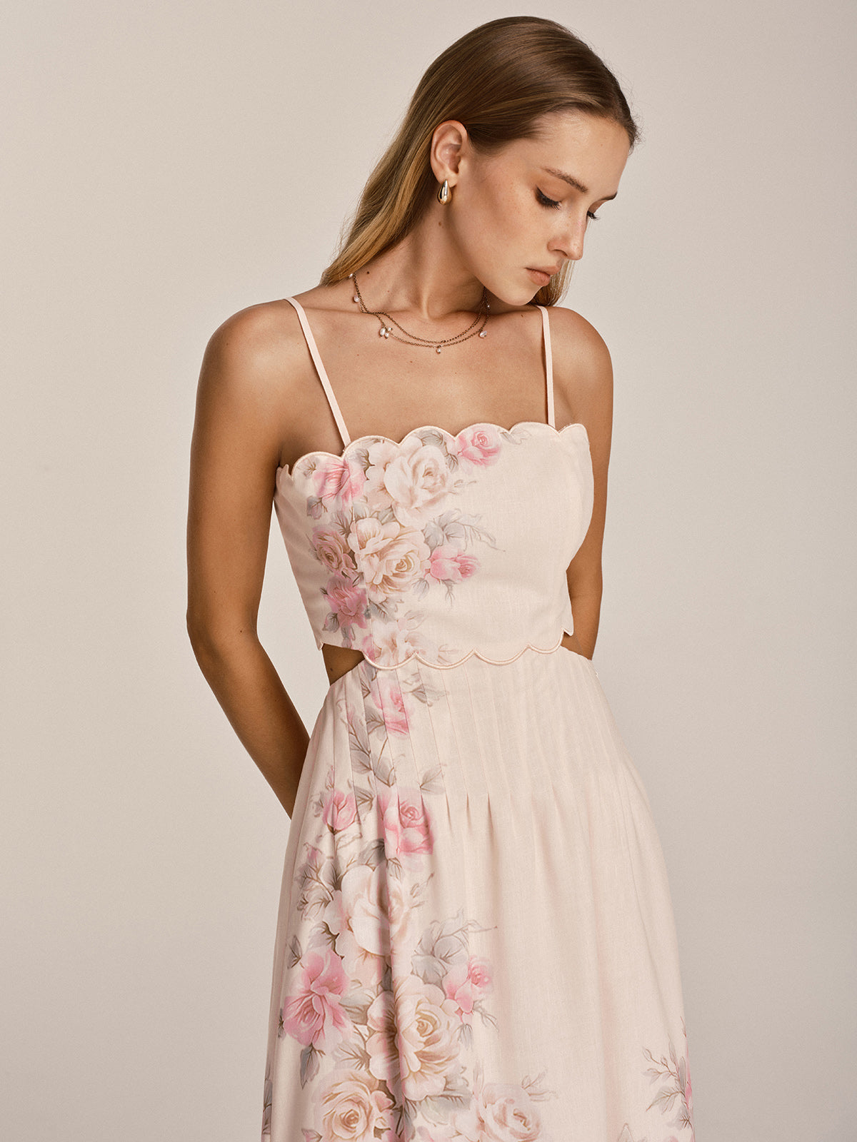 Floral Print Cut-Out Cami Maxi Dress with Adjustable Straps