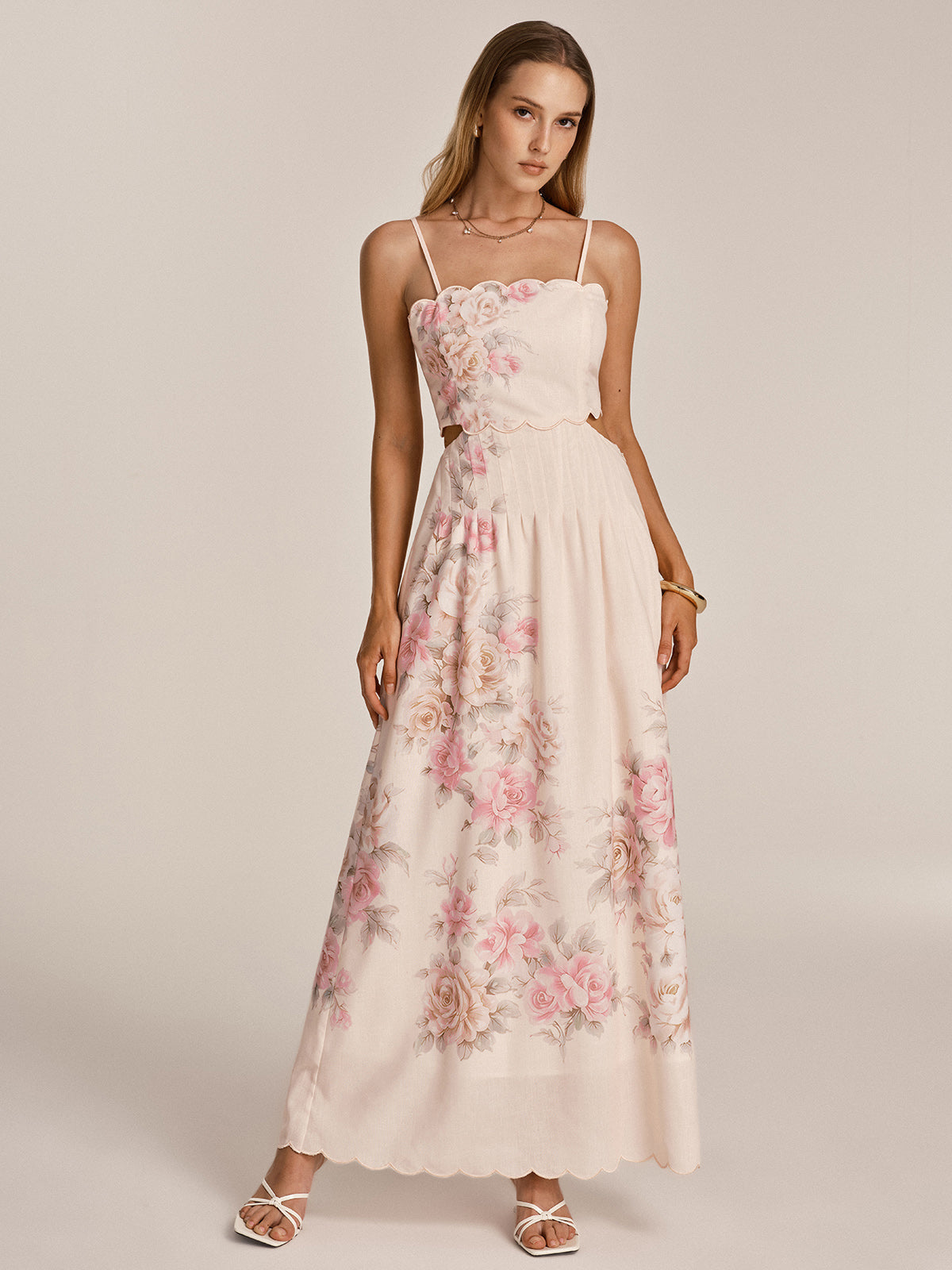 Floral Print Cut-Out Cami Maxi Dress with Adjustable Straps
