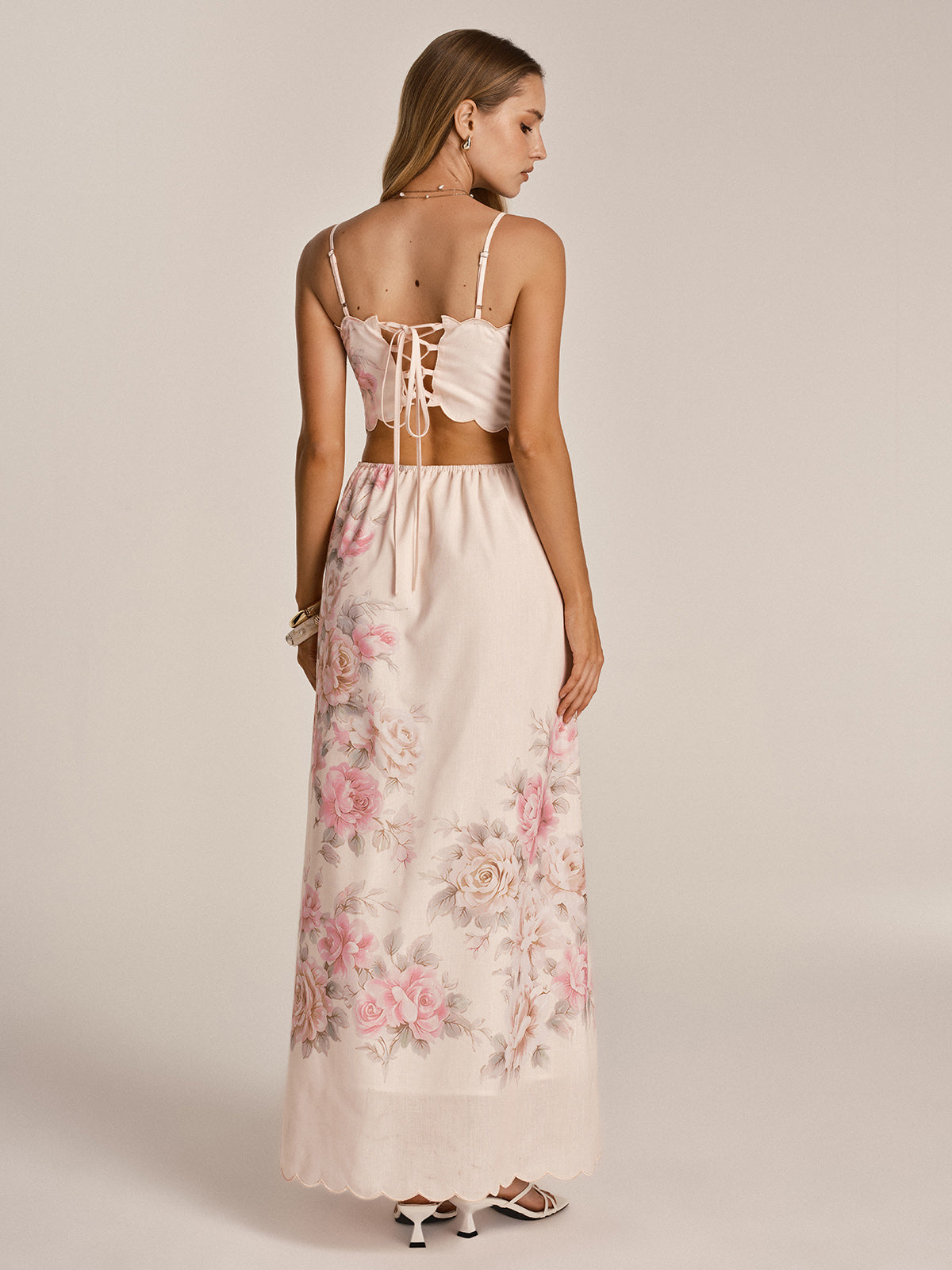 Floral Print Cut-Out Cami Maxi Dress with Adjustable Straps