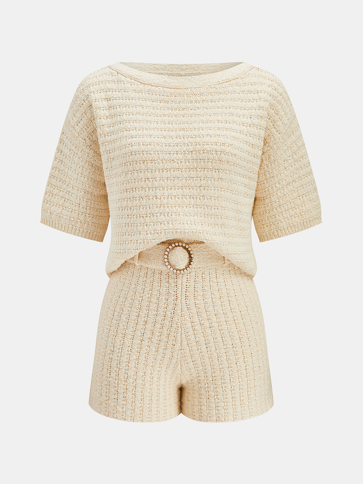 Textured Knit Short Sleeve Top & Shorts Set for Women Comfort Fit