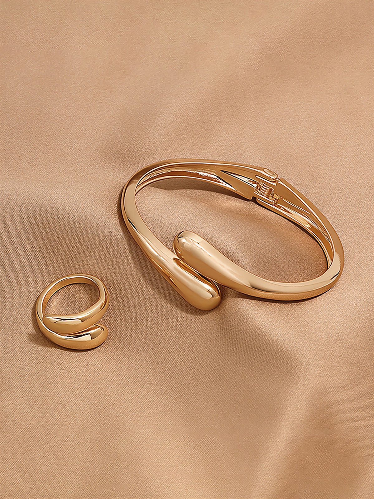 2Pcs Smooth Minimalist Open Bangle & Ring Set, Stylish Modern Jewelry Accessories