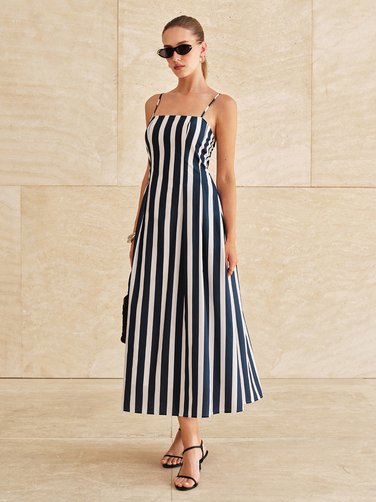 Pocketed Striped Cami Midi Dress with Adjustable Straps and Belt