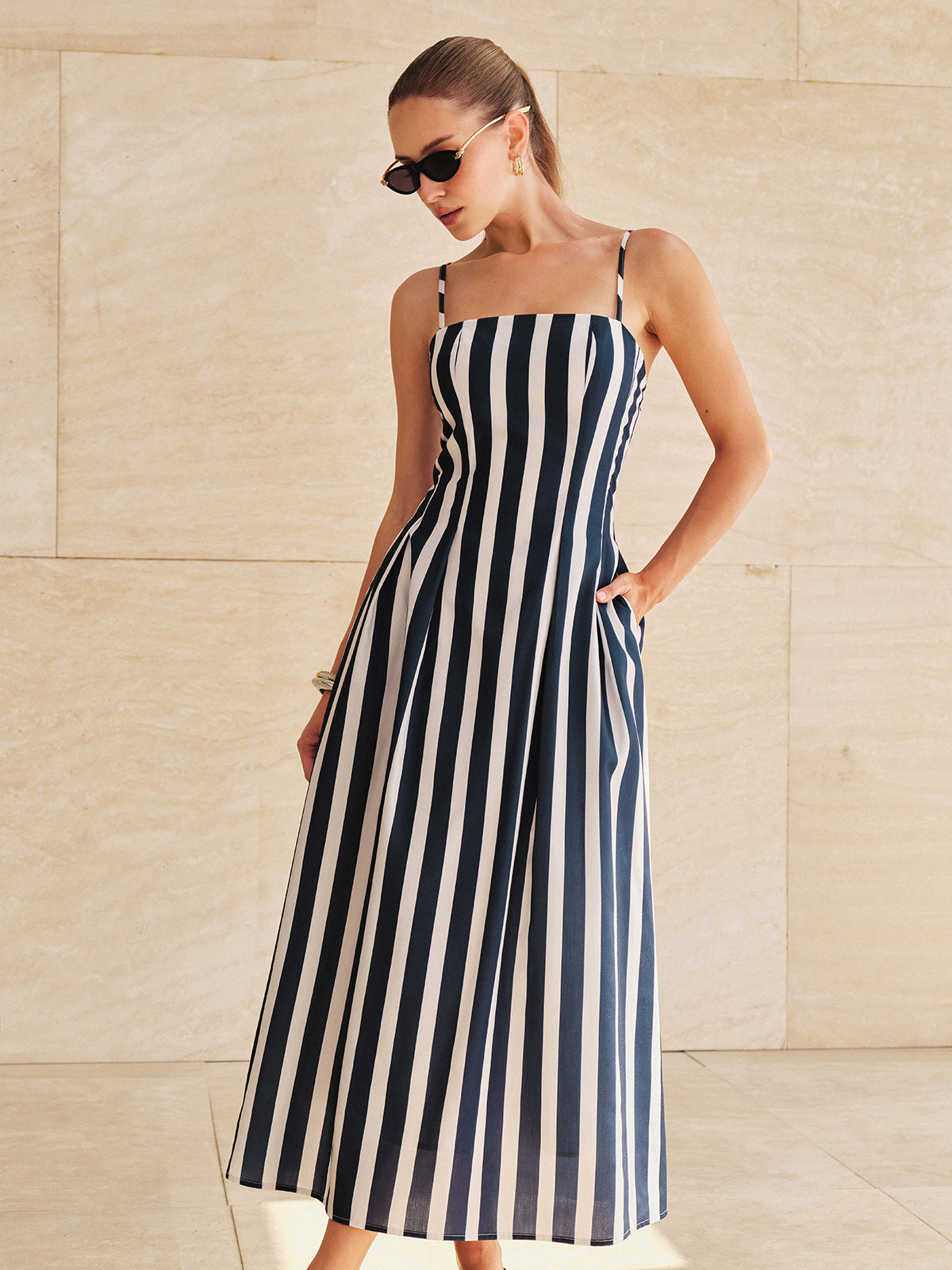 Pocketed Striped Cami Midi Dress with Adjustable Straps and Belt