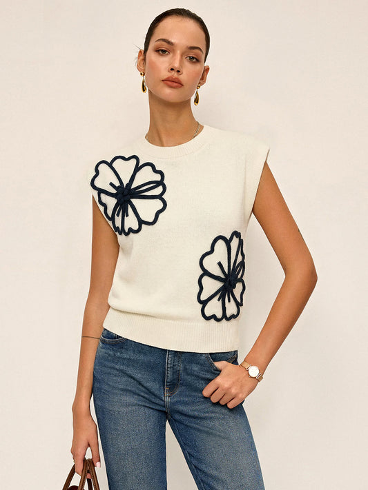 3D Floral Appliqué Knit Vest for Women Spring Collection