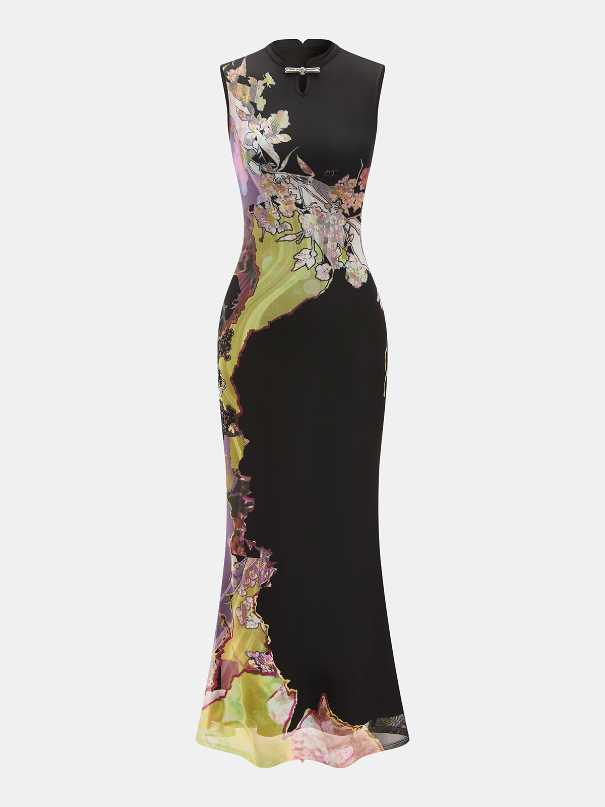 Sleeveless Floral Cheongsam Maxi Dress for Women Elegant Style