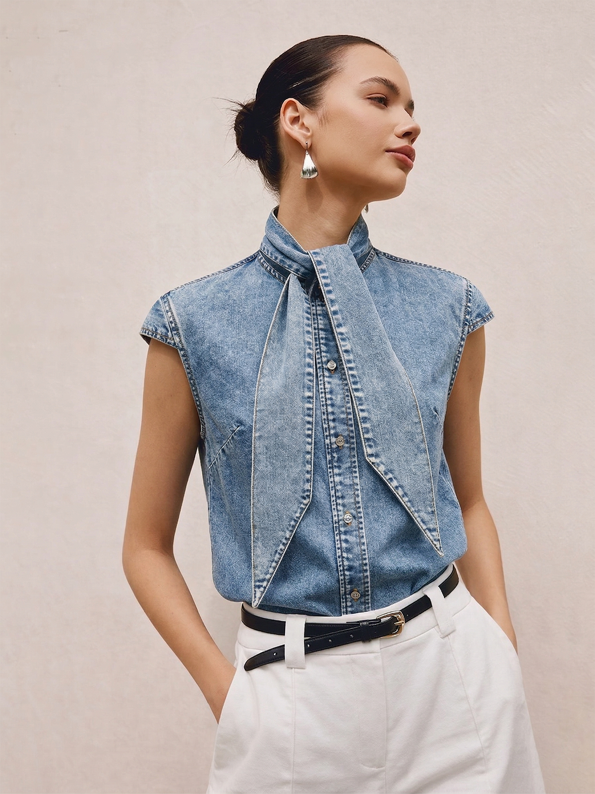 Tie Neck Sleeveless Denim Shirt for Women Casual Summer Style